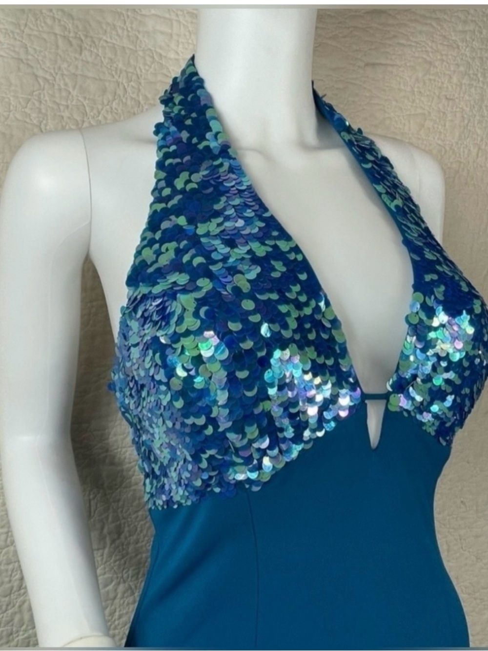 Niki Lavis Turquoise Sequin Halter Evening Dress